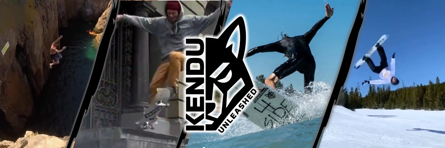 Kendu Unleashed graphic featuring cliff jumping, skateboarding, watersports, and snow sports