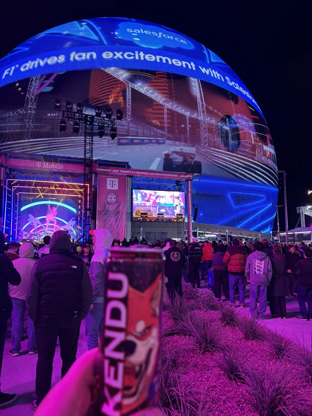 Kendu Energy can photographed against the Sphere and nighttime event lights in Las Vegas