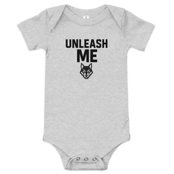 Gray baby bodysuit with Unleash Me lettering