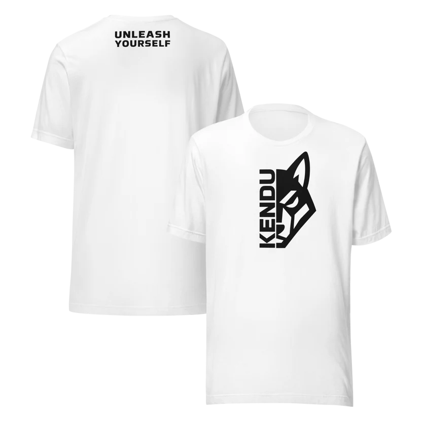 White Kendu Unleashed shirt showing the front and back