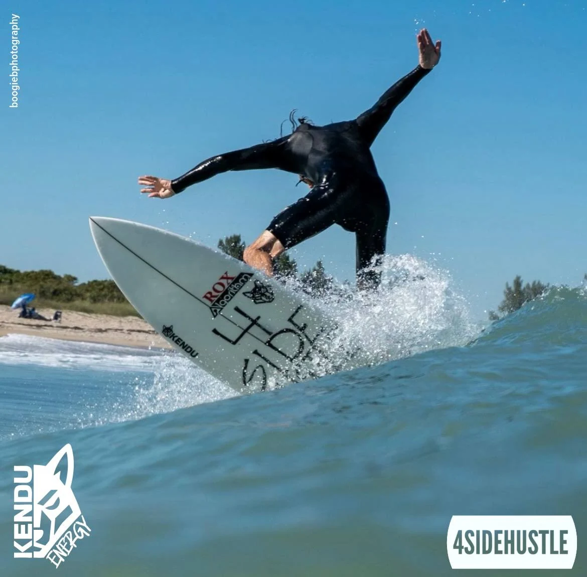 Surfer turning above a wave on a branded board; original photographer and 4SIDEHUSTLE credits remain visible